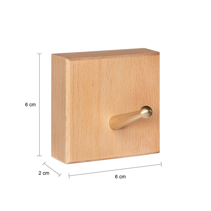 QUVIO Wandhaak houten vierkant met metalen haakje - Licht hout + goud (3)