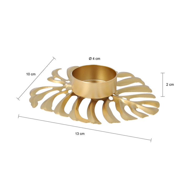 QUVIO Waxinelichthouder op een blad - 13 x 10 x 2 cm - Metaal - Goud (1)