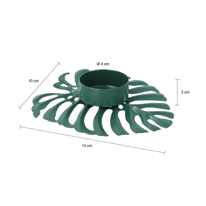 QUVIO Waxinelichthouder op een blad - 13 x 9,5 x 2 cm - Metaal - Groen (1)